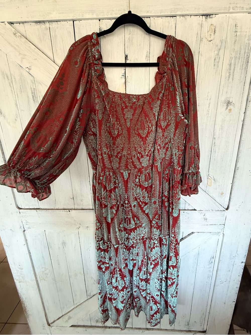 Impressions Red Metallic Floral Peasant Midi Dress